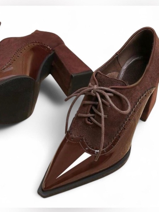 Shoes - NIB EURO |SZ 41 US 9| Vintage Brown Leather Chunky Oxford Pointed Toe Heel Shoes